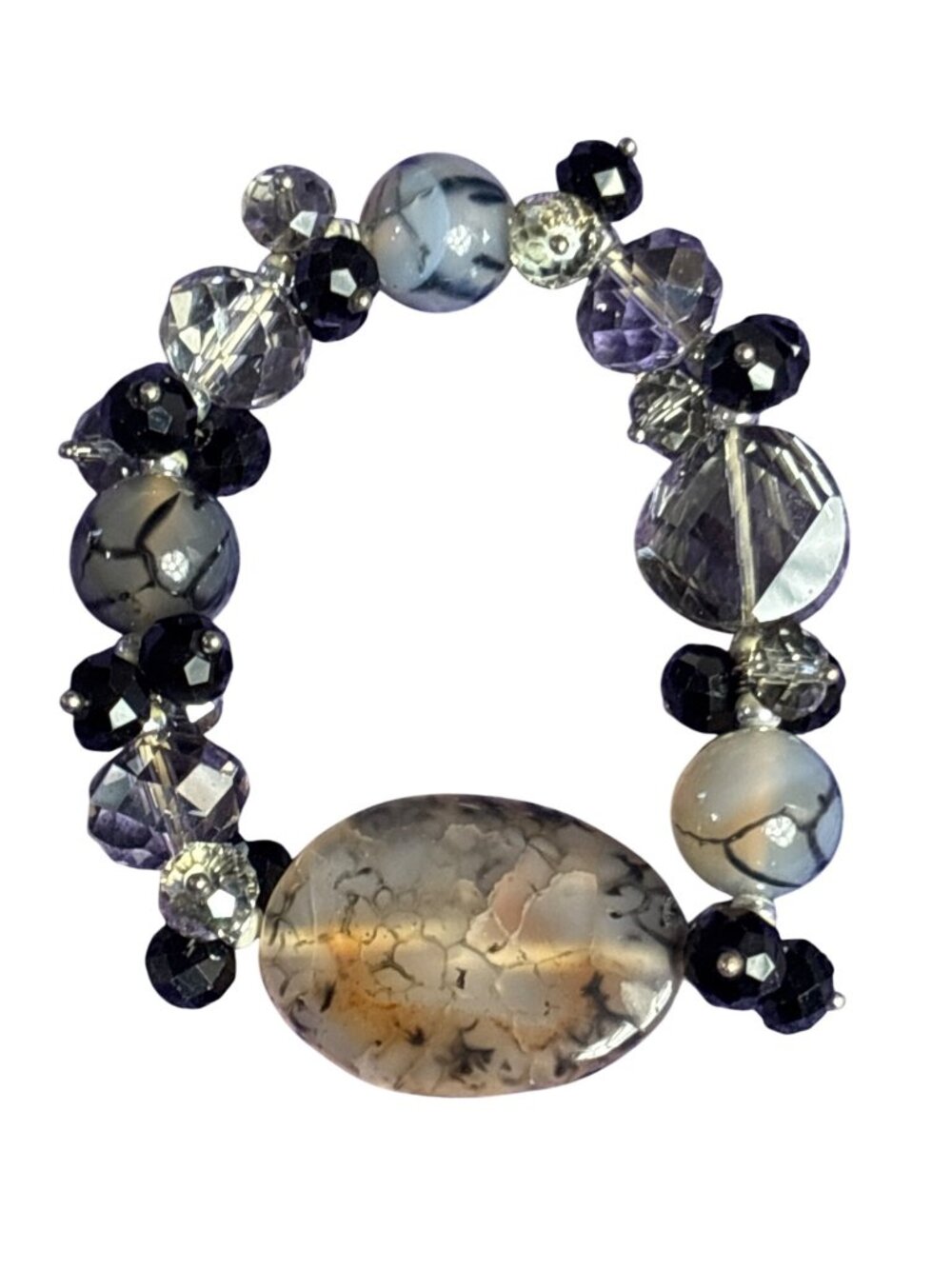 Faceted Glass Agate Stone Beaded Stretchy Bracelet 6.5 inches Unstretched